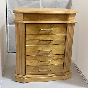 VINTAGE Wooden Jewelry Armoire Chest - 5 Drawers & Side Wings
